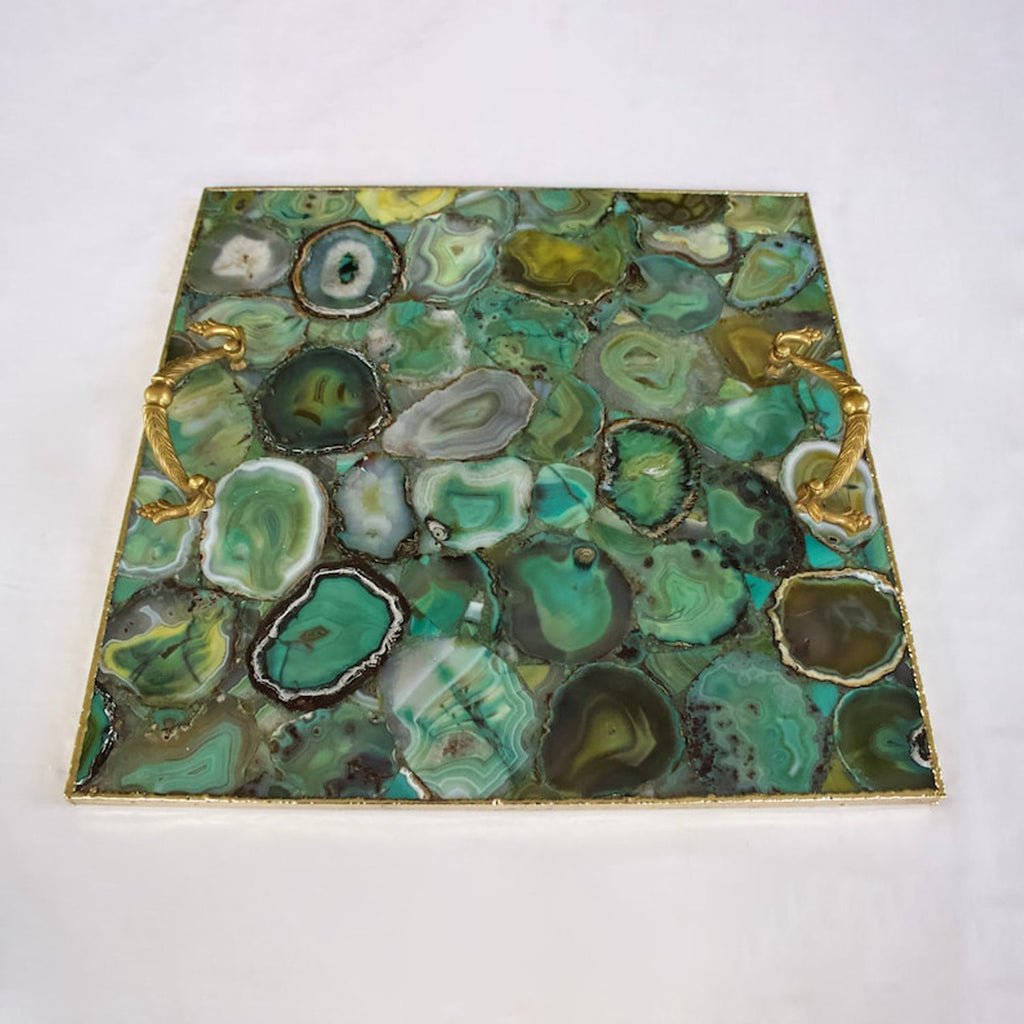 Light Green Agate Serving Tray With Brass Handles | Square