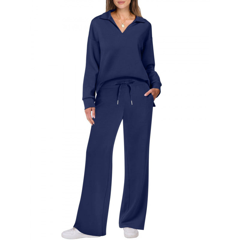 Women's Tracksuit Sports Suit V-neck Long-sleeved Pullover Top And Drawstring Straight-leg Trousers Casual Solid Trousers Set