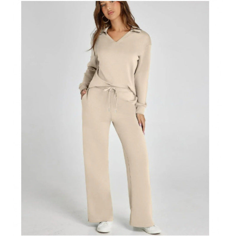 Women's Tracksuit Sports Suit V-neck Long-sleeved Pullover Top And Drawstring Straight-leg Trousers Casual Solid Trousers Set