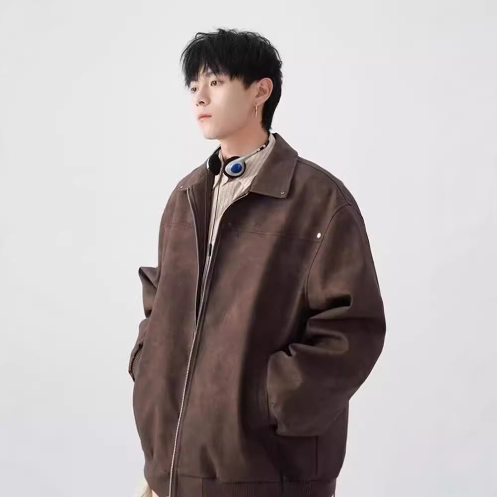 American Retro Lapels Leather Men's Casual Jacket