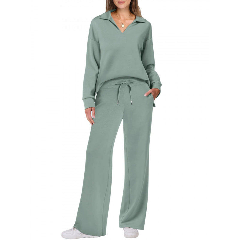 Women's Tracksuit Sports Suit V-neck Long-sleeved Pullover Top And Drawstring Straight-leg Trousers Casual Solid Trousers Set
